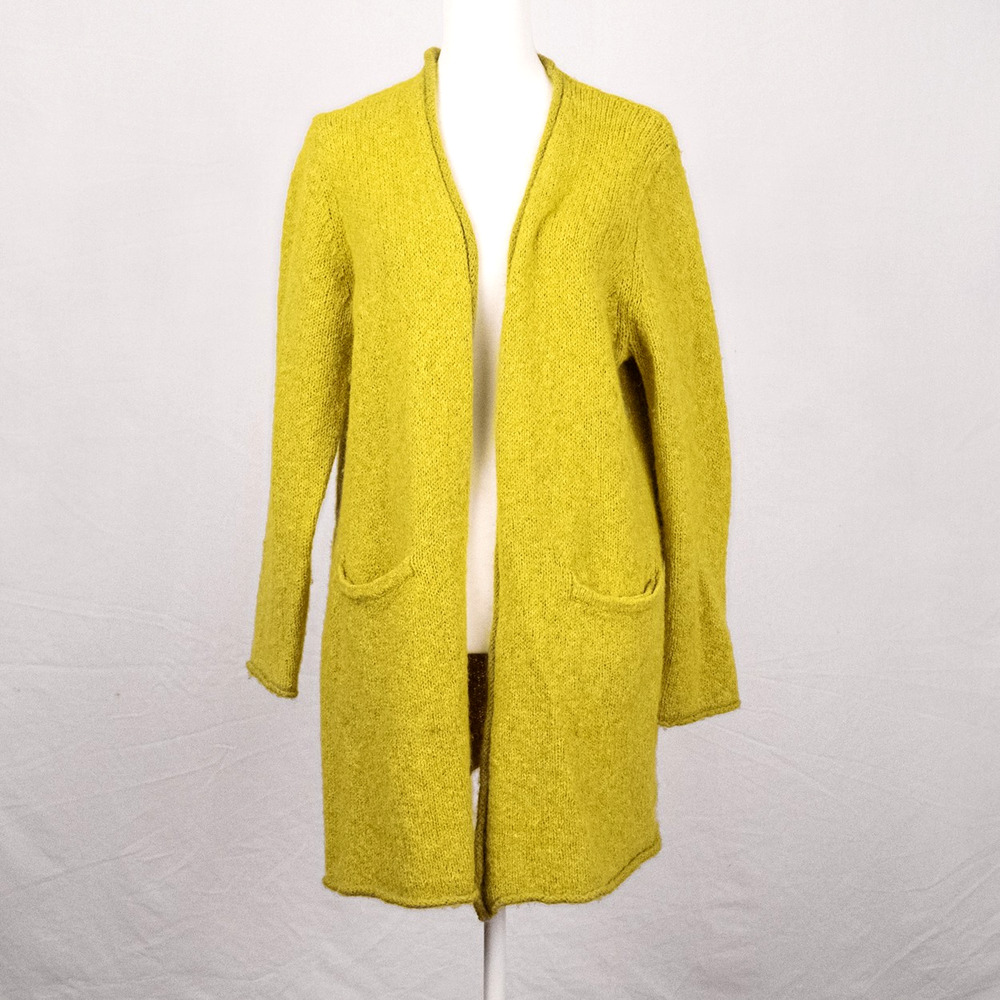 Gudrun Sjoden Alpaca + Wool Blend Longline Cardigan LARGE Cozy Earthy Chartreuse